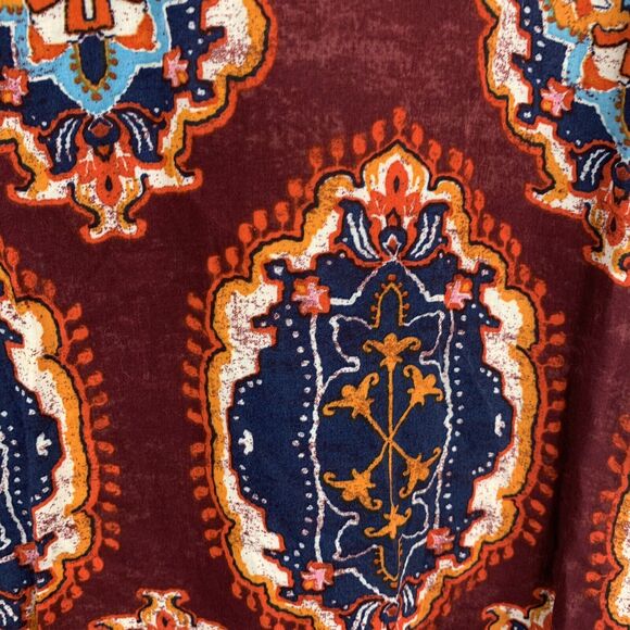 Anthropologie Meadow Rue Size S Tunic Top Burgundy Solvo Roll Tab Printed Blouse - Picture 4 of 7